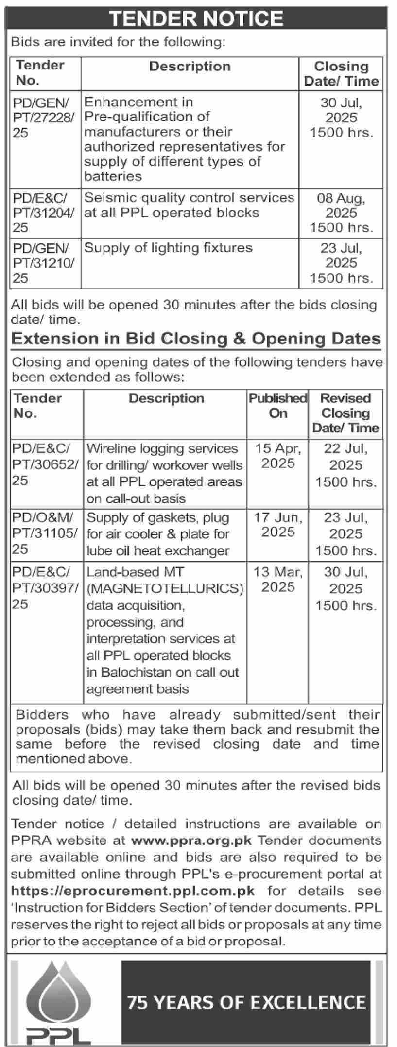 PPL Tender Notice